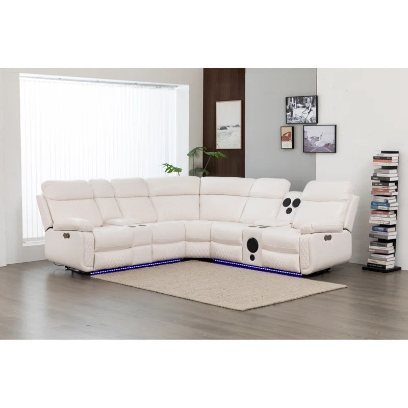 Palerem 98.5" Wide Vegan Leather Power Reclining Sectional with LED, USB and SubWoofer Sound System