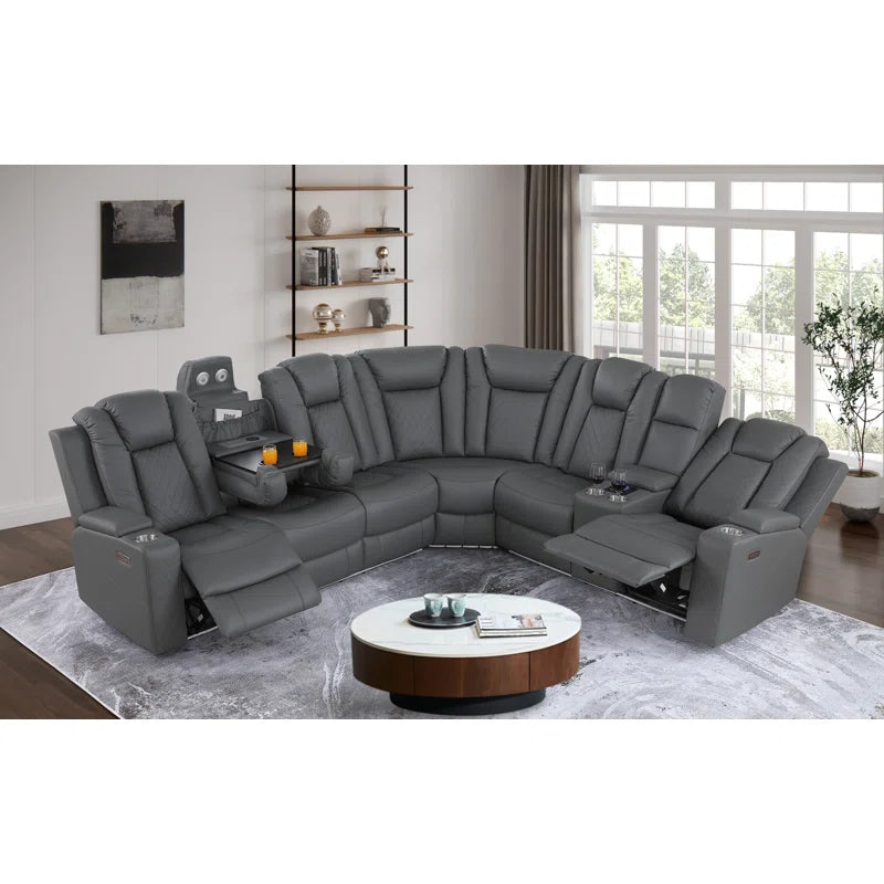 Power Reclining Corner Sectional Sofa With Bluetooth , Led & Wireless Charging And Cup Holders
