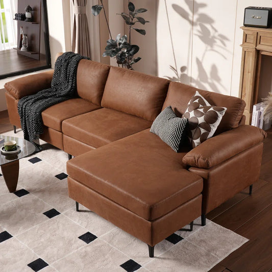 97.6" L Shaped Sectional With Reversible Chaise, 3 Seat Comfy Suede Leather Couch With Convertible Chaise, Modern Mid-century Sofa For Living Room