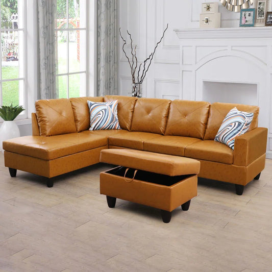Beverlys 97" Wide Faux Leather Sofa & Chaise with Ottoman