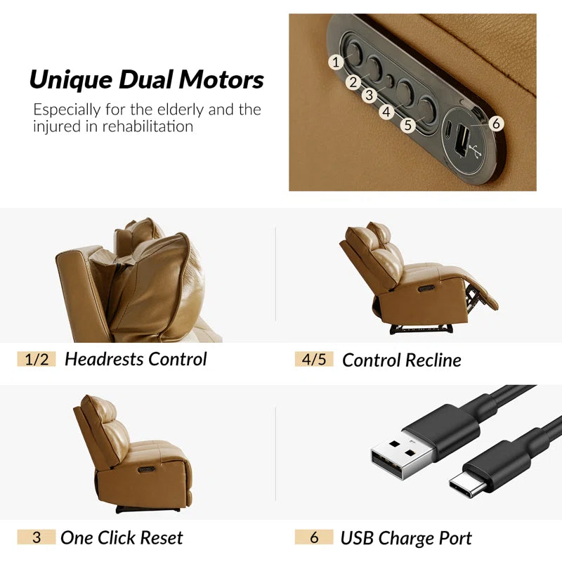 Myheir Modern Genuine Leather Power Reclining Sofa With Power Headrest