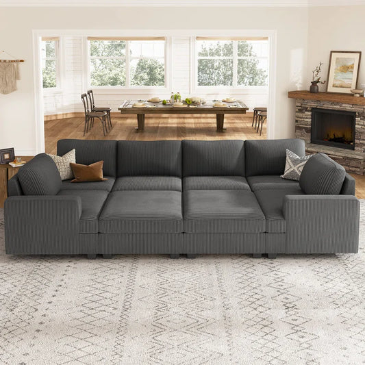Nolany Corduroy Sleeper Sectional U Shaped Modular Sectional Sofa with Storage Ottoman