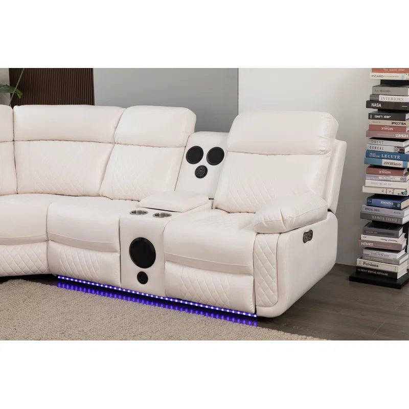 Palerem 98.5" Wide Vegan Leather Power Reclining Sectional with LED, USB and SubWoofer Sound System