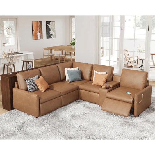 Power Recliner, Reclining Sectional Sofa With Console& Single Right Recliner, Leather Modular Sofa With Cup Holder& USB Port, L Shaped Couch For Living Room