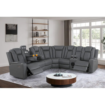 Power Reclining Corner Sectional Sofa With Bluetooth , Led & Wireless Charging And Cup Holders