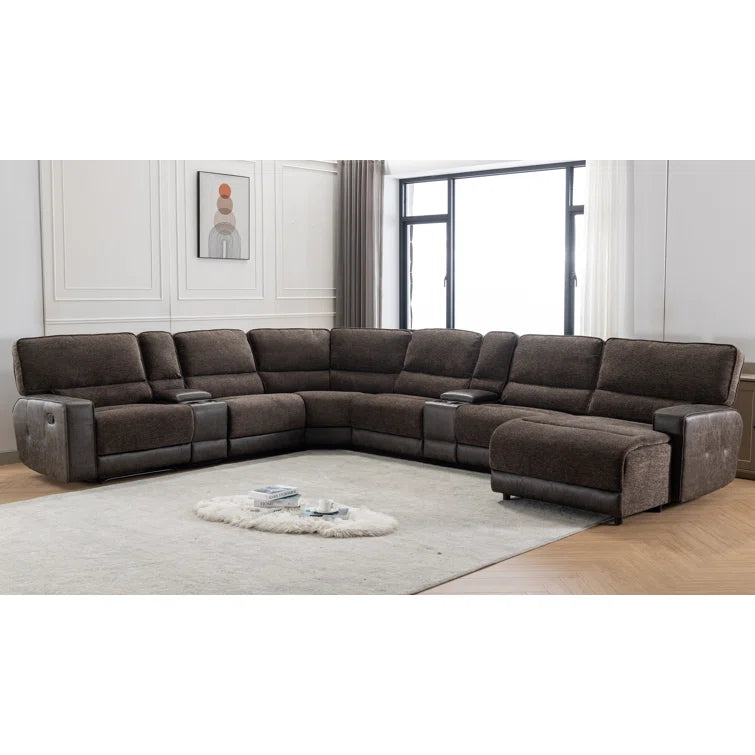 Shellenbarger 8 - Pieces Vegan Leather Blend Chenille Reclining Sectional, Recliner Sectional Couch with Chaise