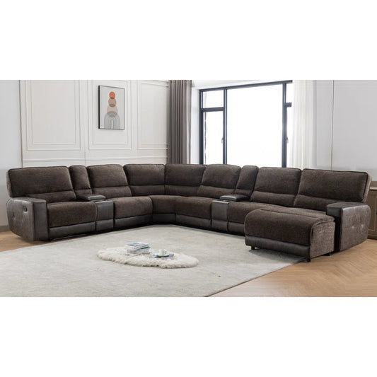 Shellenbarger 8 - Pieces Vegan Leather Blend Chenille Reclining Sectional, Recliner Sectional Couch with Chaise