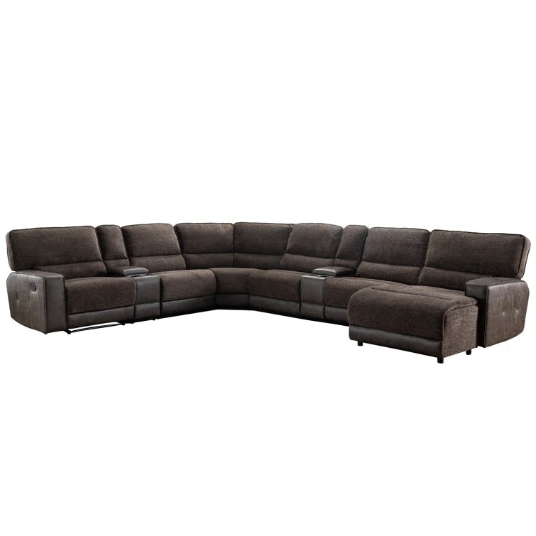 Shellenbarger 8 - Pieces Vegan Leather Blend Chenille Reclining Sectional, Recliner Sectional Couch with Chaise